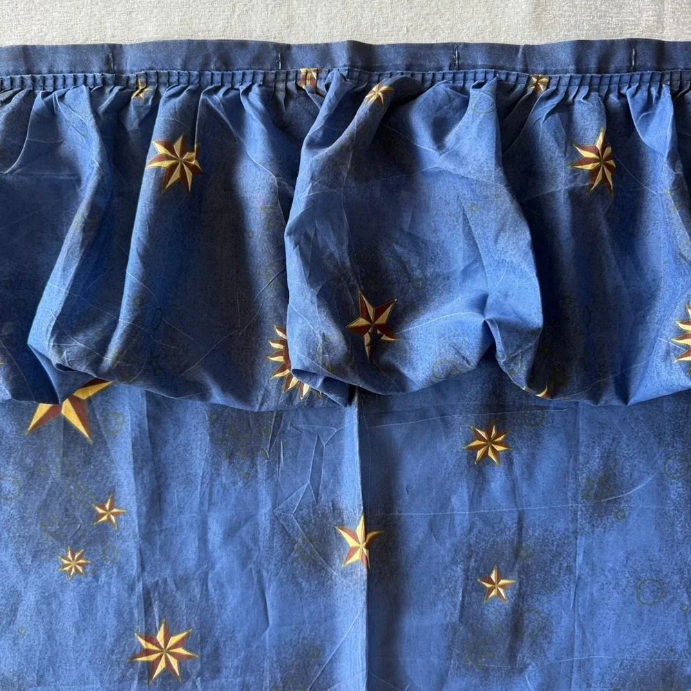 Vintage Celestial Sun Moon Stars Blue Gold Ruffle Shower Curtain 67x68